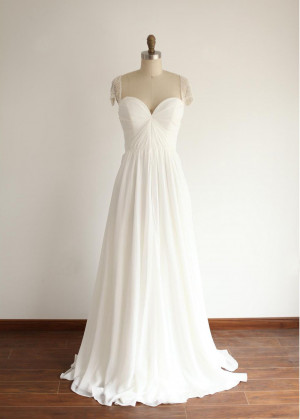 Beaded Cap Sleeves Ivory Chiffon Pleated Simple Wedding Dress